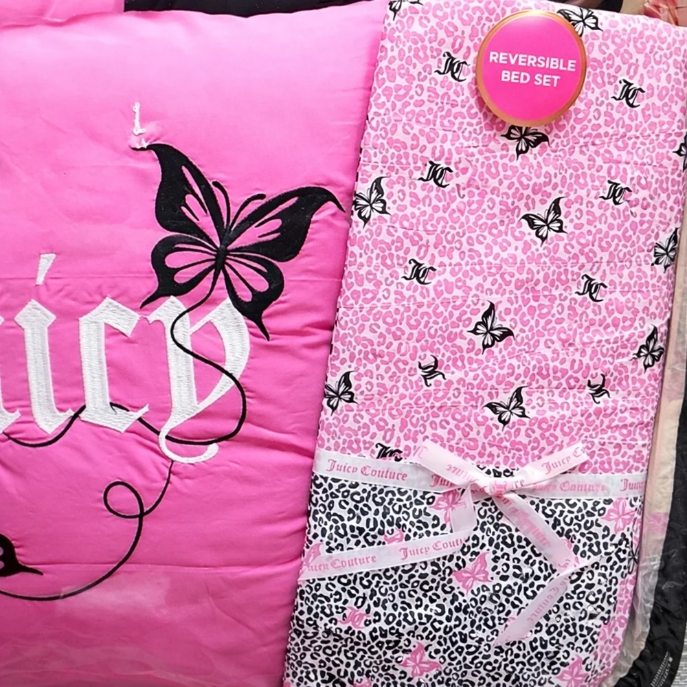 Juicy Couture 6 Piece Reversible Comforter Bed Set Pink & Black / Leopard - New